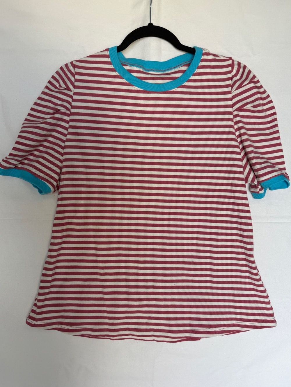 Striped mauve pink  and White Tee with Turquoise Trim XXL